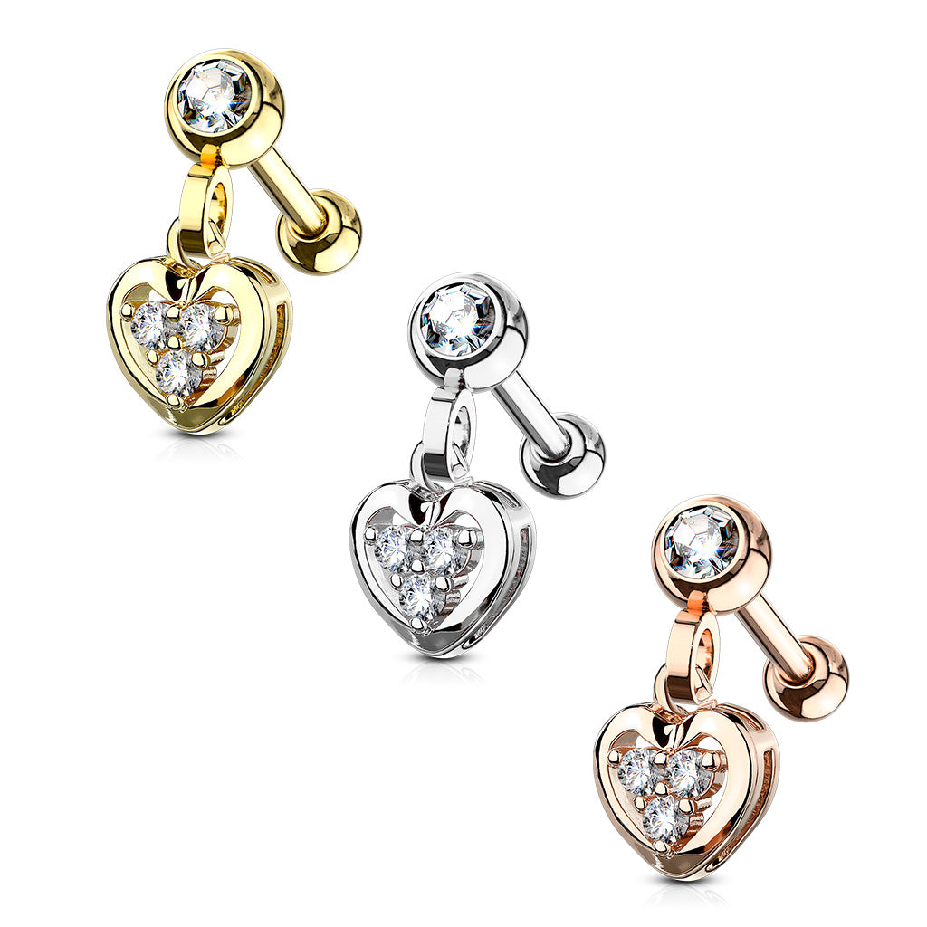 1pc CZ Gem Heart Dangle Tragus Ring 16g 1/4"