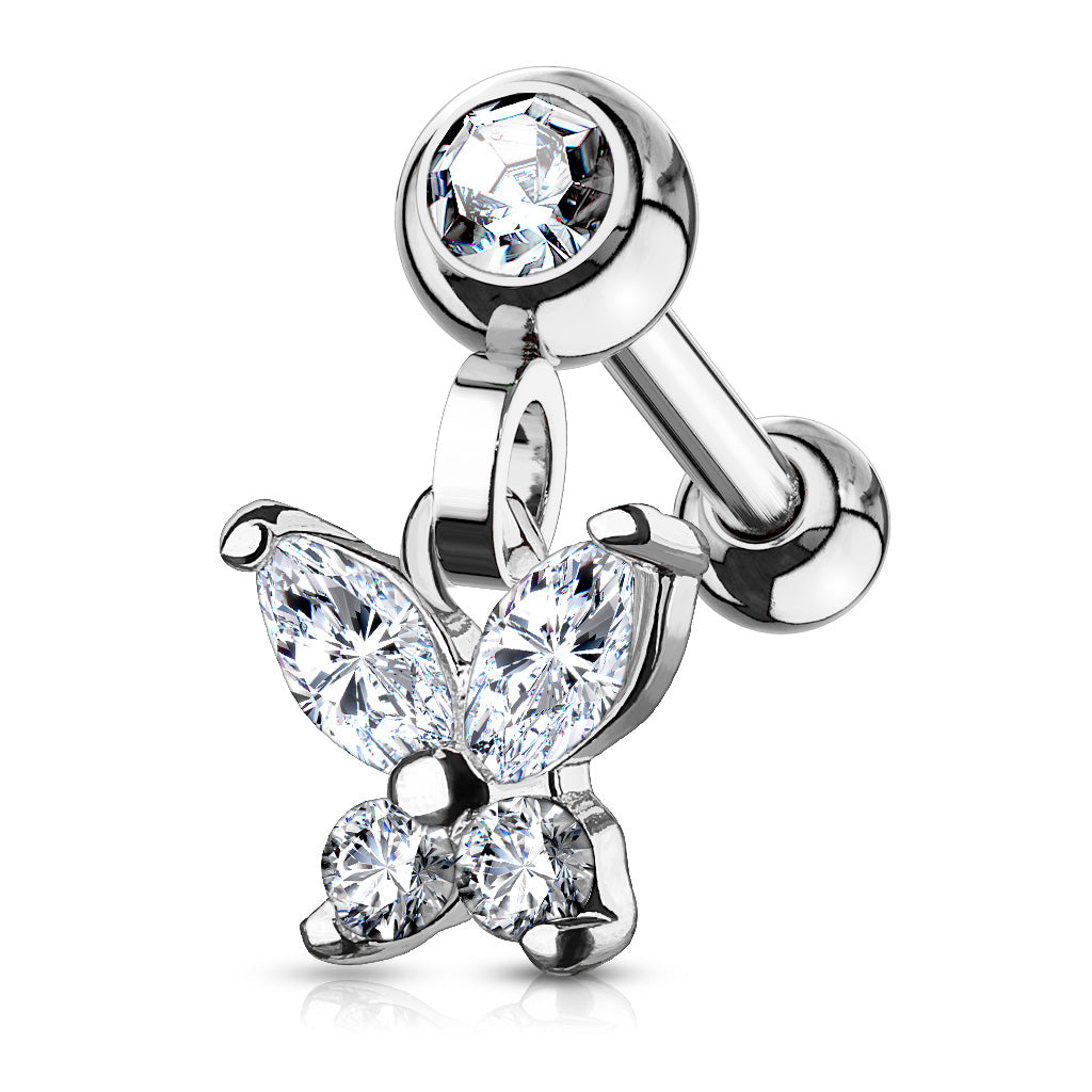 1pc CZ Gem Butterfly Dangle Surgical Steel Tragus Cartilage Barbell Ring