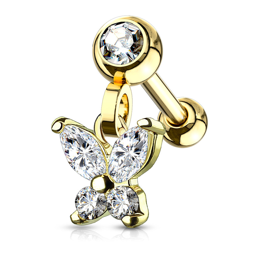 1pc CZ Gem Butterfly Dangle Surgical Steel Tragus Cartilage Barbell Ring