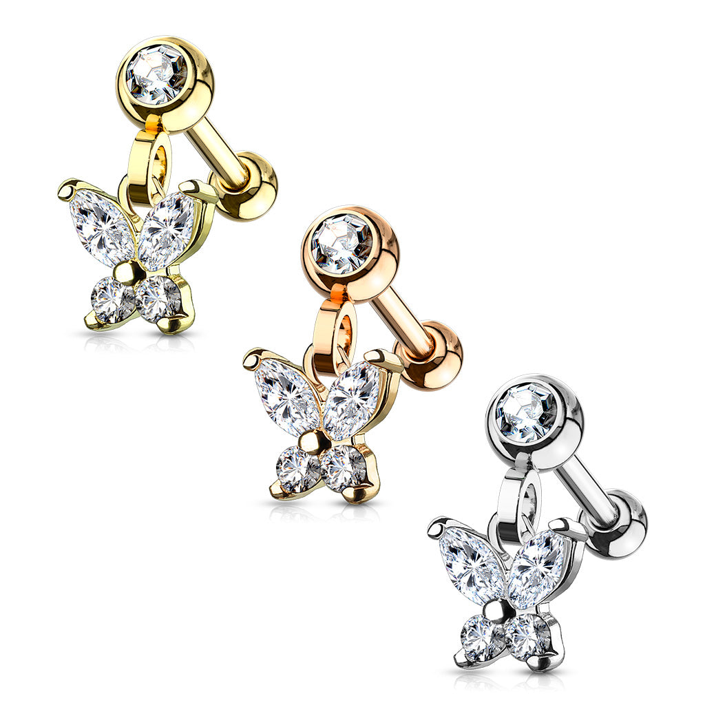 1pc CZ Gem Butterfly Dangle Surgical Steel Tragus Cartilage Barbell Ring