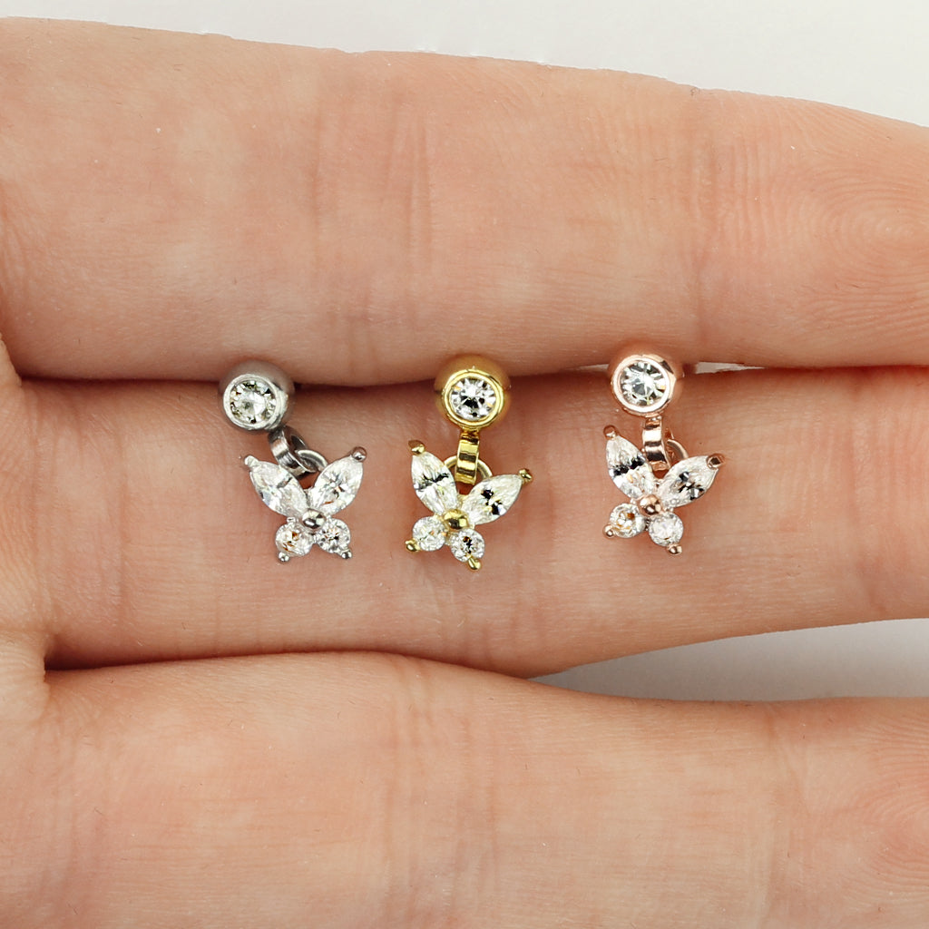 1pc CZ Gem Butterfly Dangle Surgical Steel Tragus Cartilage Barbell Ring