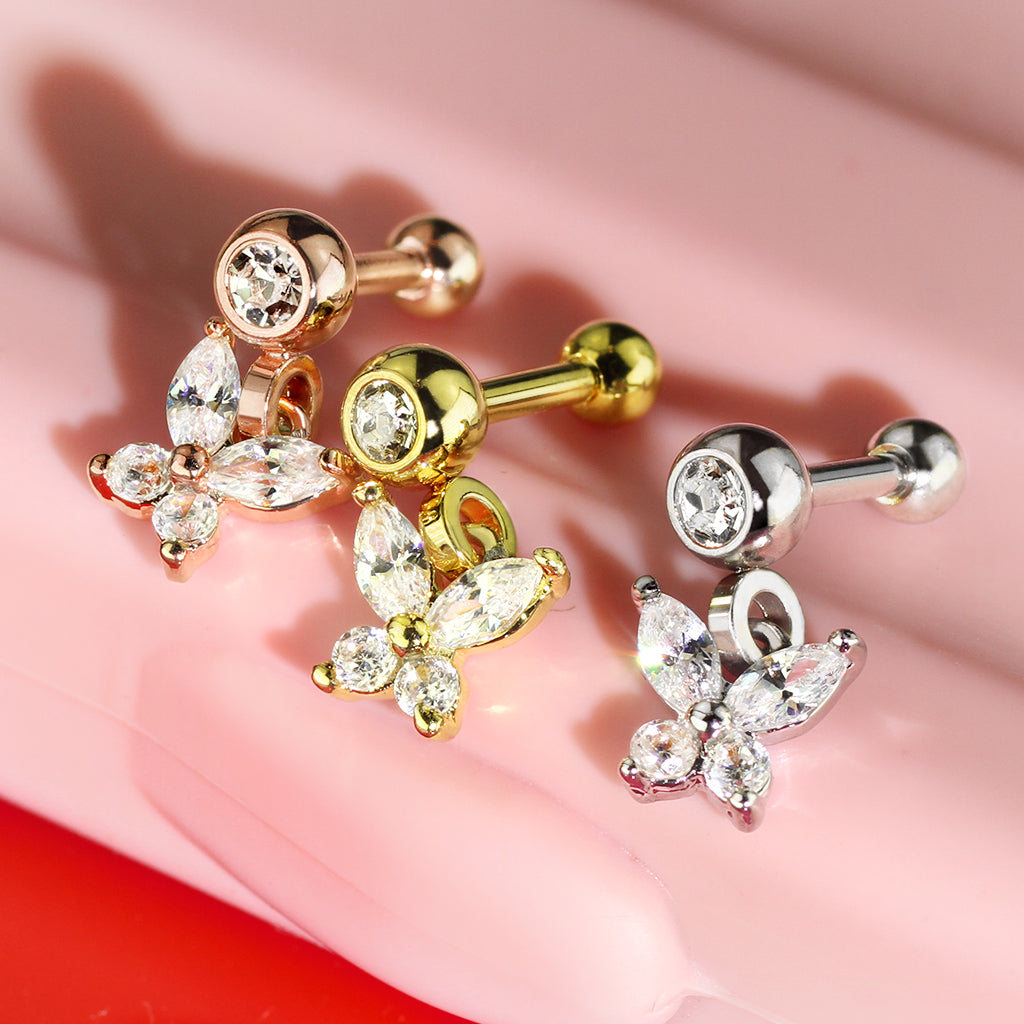 1pc CZ Gem Butterfly Dangle Surgical Steel Tragus Cartilage Barbell Ring