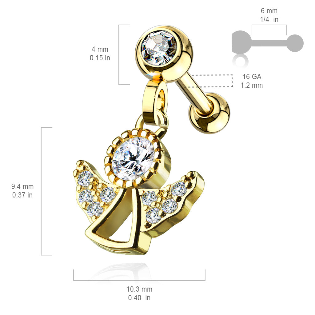 1pc CZ Gem Angel Dangle Surgical Steel Tragus Cartilage Barbell Ring