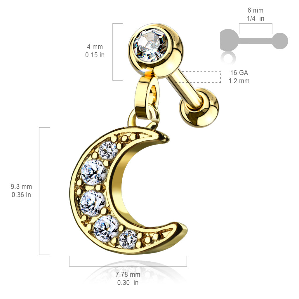 1pc CZ Gem Moon Dangle Surgical Steel Tragus Cartilage Barbell Ring