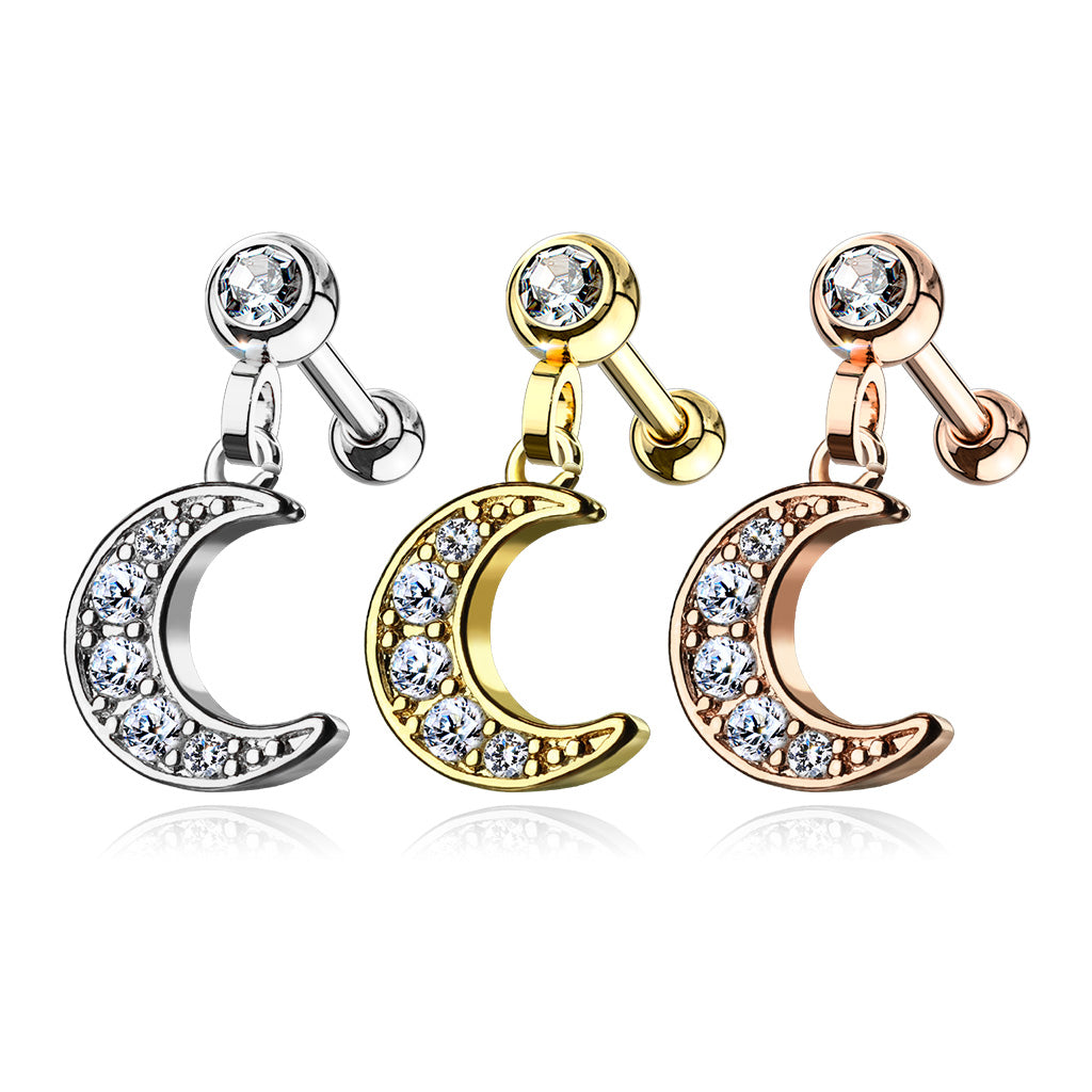 1pc CZ Gem Moon Dangle Surgical Steel Tragus Cartilage Barbell Ring