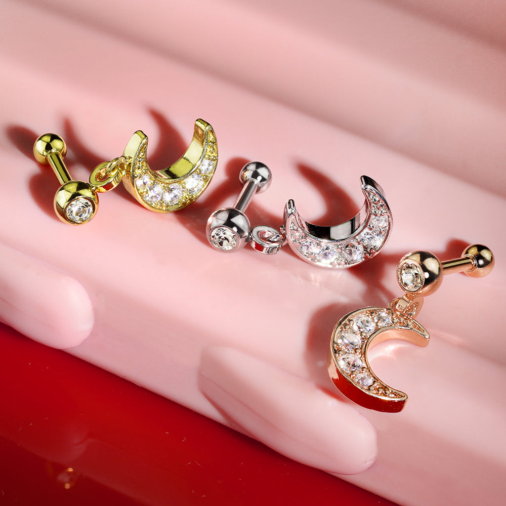 1pc CZ Gem Moon Dangle Surgical Steel Tragus Cartilage Barbell Ring