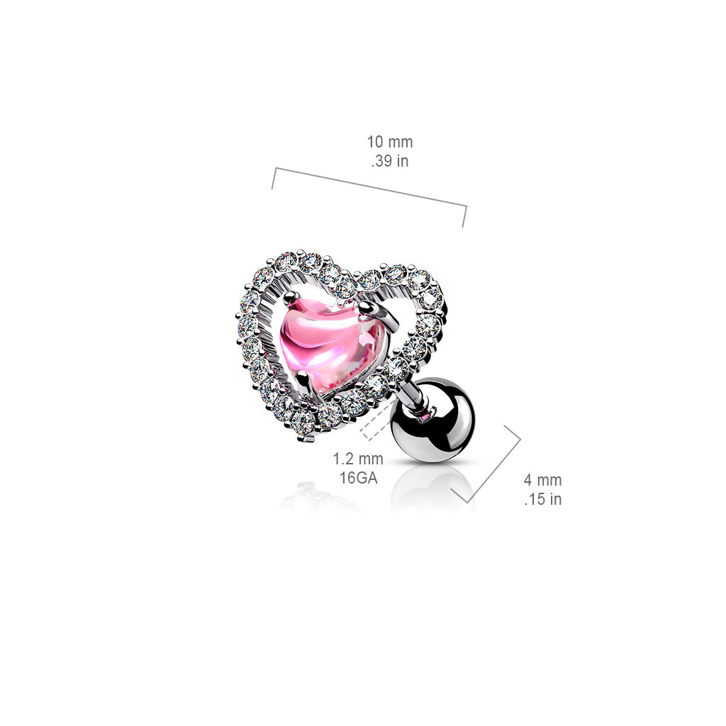 1pc CZ Gem Lined Heart Surgical Steel Tragus Helix Ear Cartilage Stud Ring