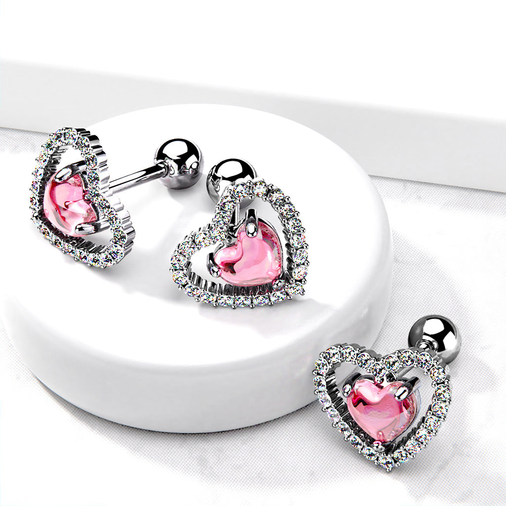 1pc CZ Gem Lined Heart Surgical Steel Tragus Helix Ear Cartilage Stud Ring