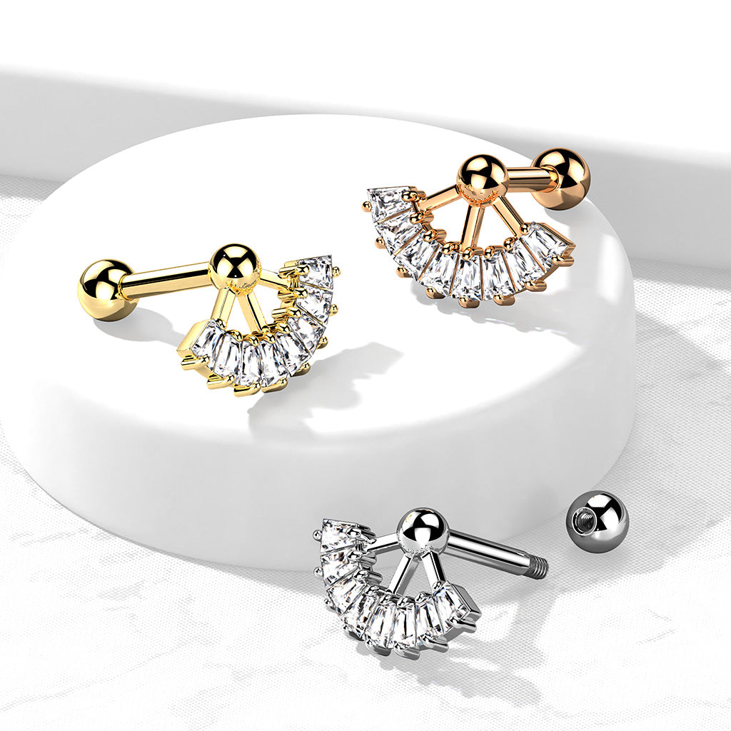1pc Multi CZ Gem Fan Top Tragus Cartilage Barbell Stud Body Jewelry Ring 16g 6mm