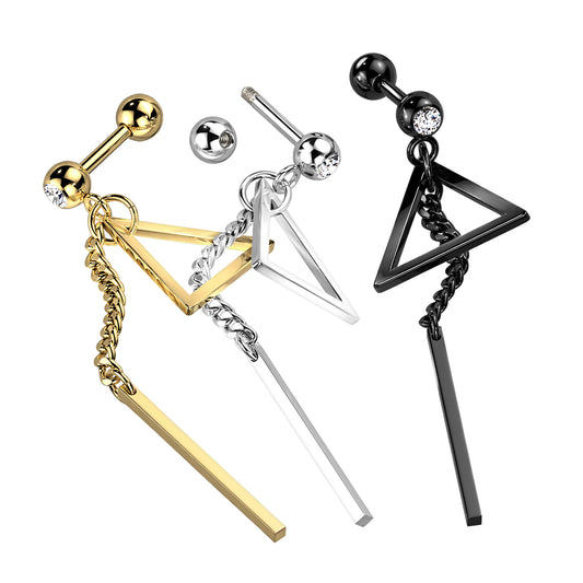 1pc Bar Chain Triangle Tragus Stud Helix Ear Cartilage Ring 316L Surgical Steel