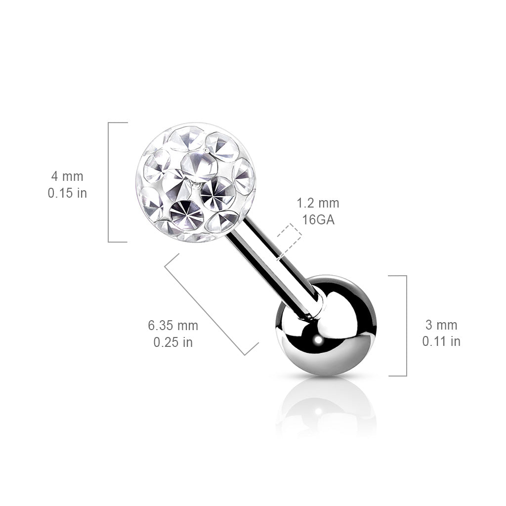 1pc Epoxy Coated Crystal Paved Ball Helix Tragus Cartilage Barbell Int. Threaded