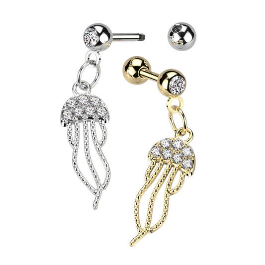 1pc CZ Gem Jellyfish Dangle Surgical Steel Tragus Cartilage Barbell Ring 16g 1/4