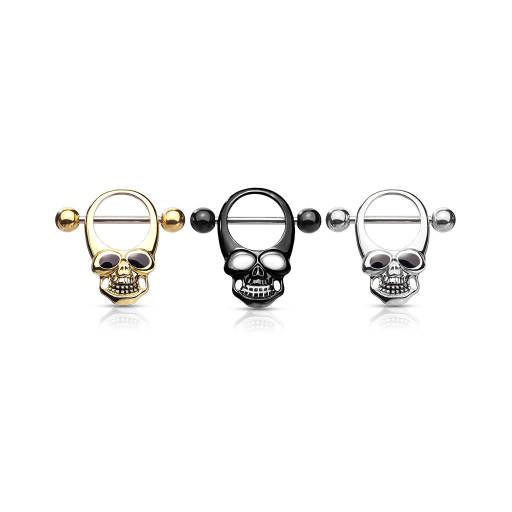 PAIR Skull w/ Enamel Eyes Nipple Shields Rings Steel Barbells Body Jewelry