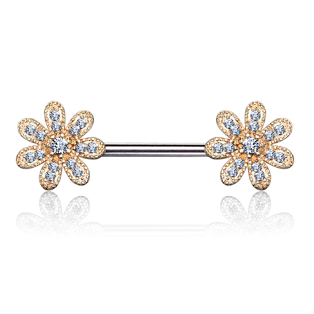PAIR CZ Gem Paved Flower Nipple Barbell Rings Shields