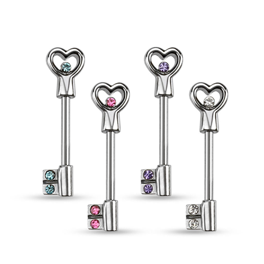 8pcs Heart Key with CZ Gems Nipple Rings