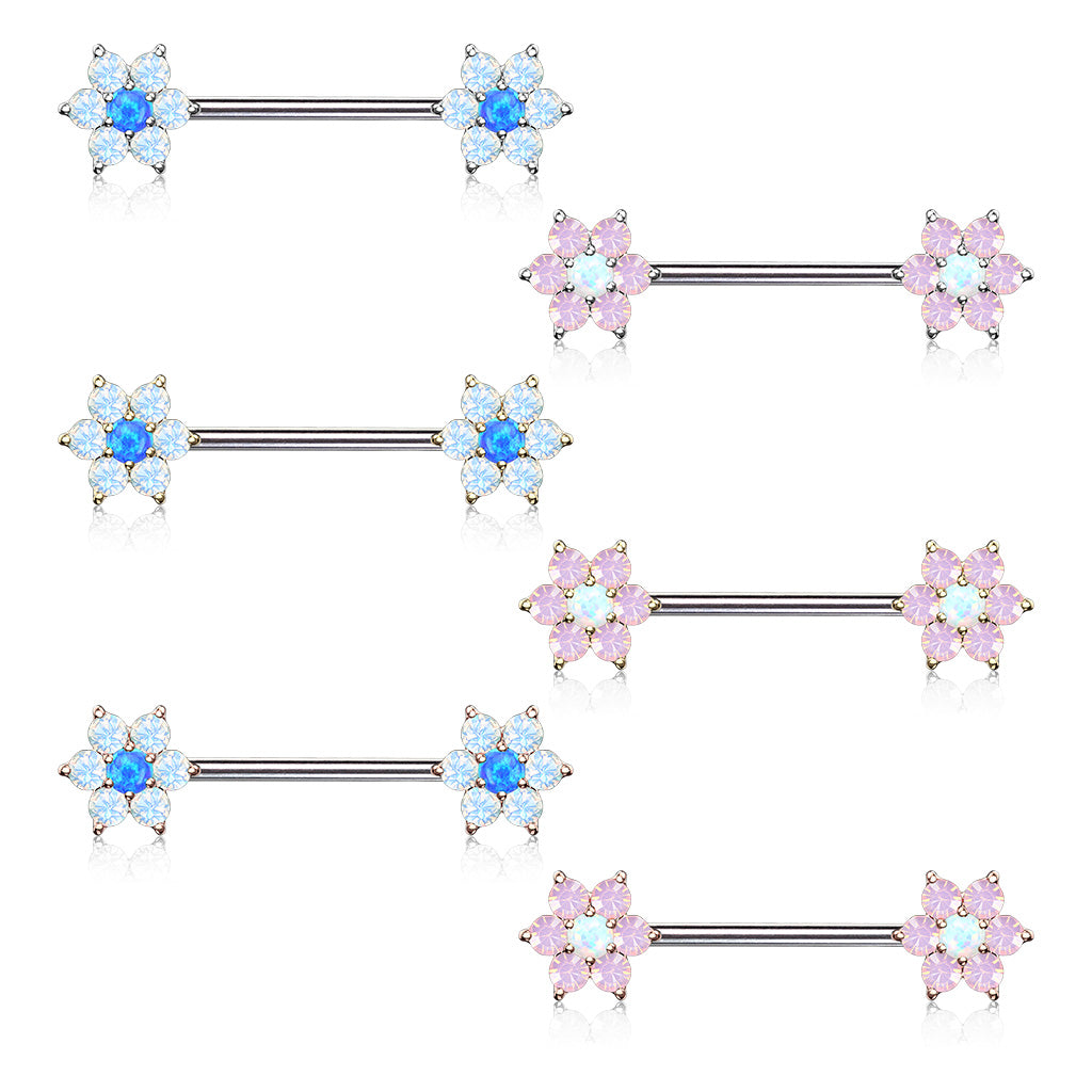 PAIR Opalite Gem Petals w/ Opal Center Flower Nipple Barbell Rings Shields