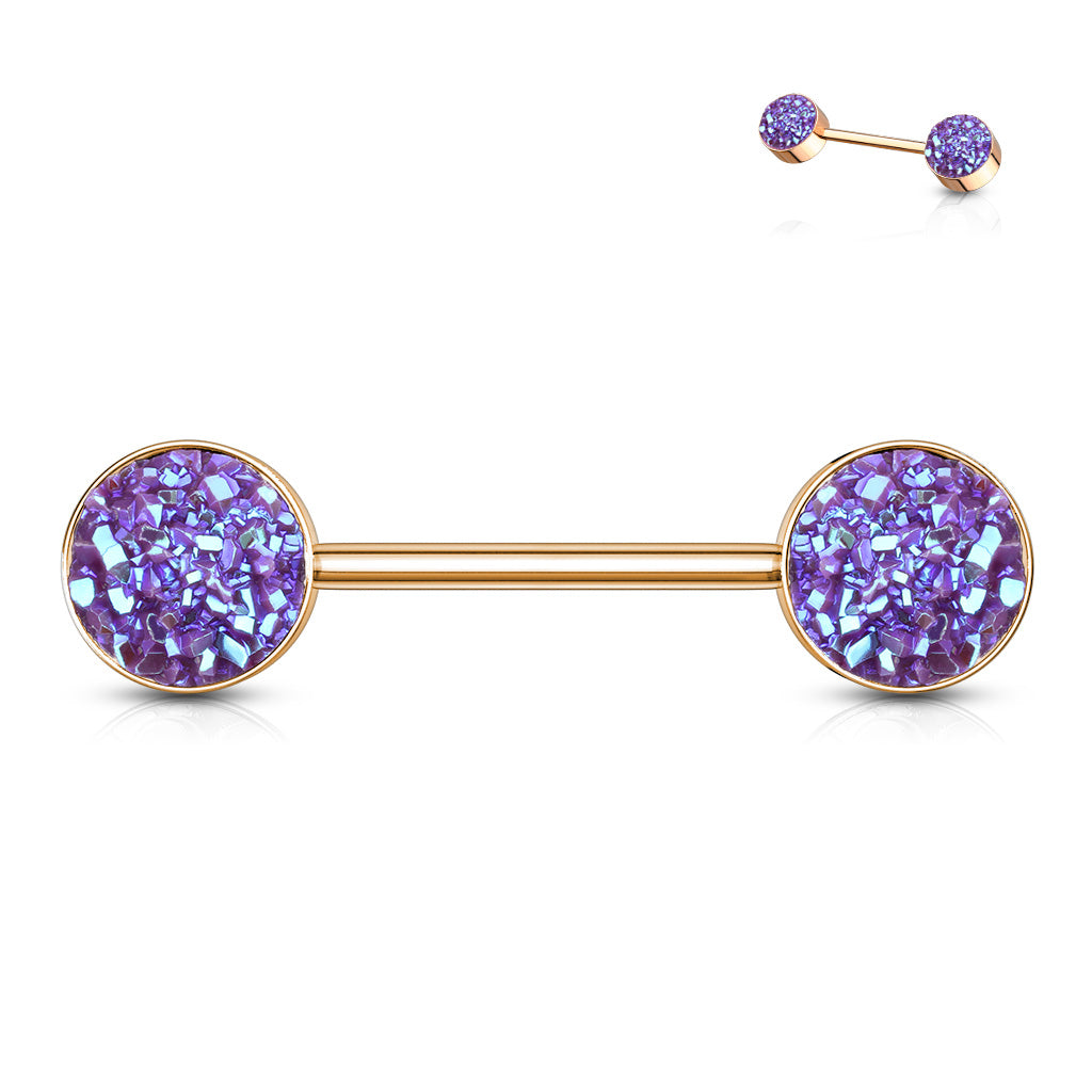 PAIR Iridescent Druzy Stone Rose Gold Nipple Rings Barbells Shields