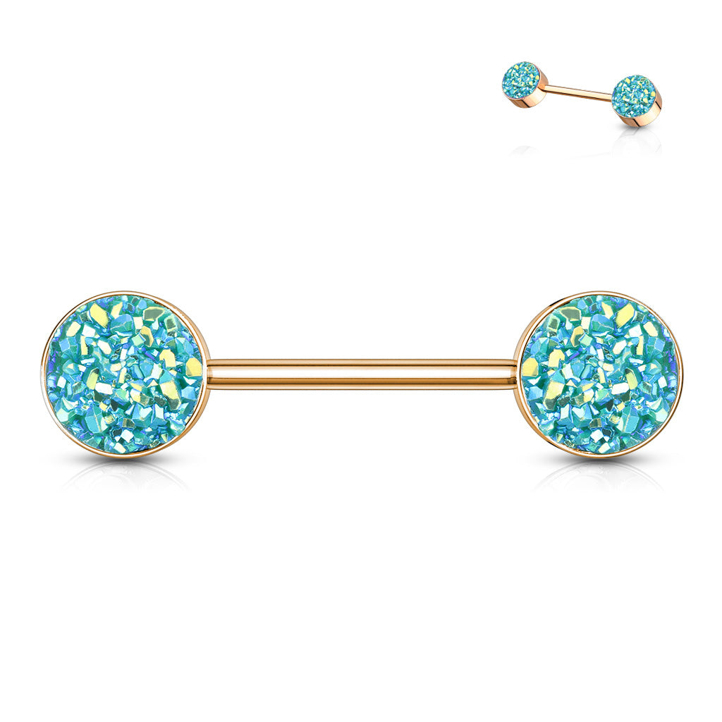 PAIR Iridescent Druzy Stone Rose Gold Nipple Rings Barbells Shields