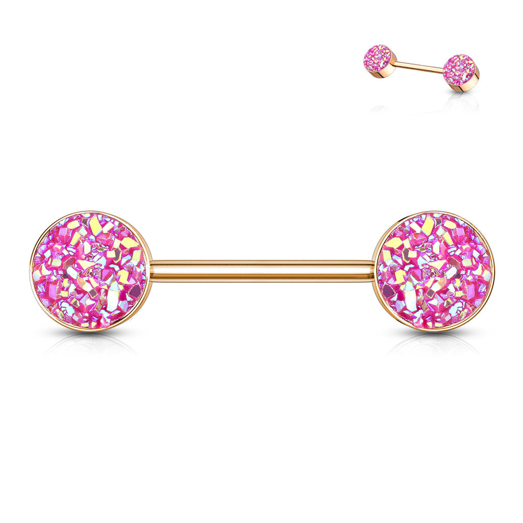 PAIR Iridescent Druzy Stone Rose Gold Nipple Rings Barbells Shields