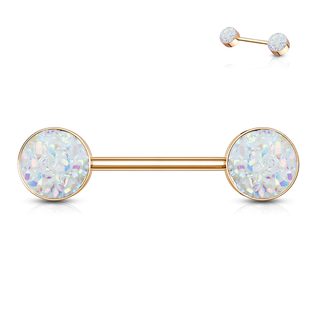 PAIR Iridescent Druzy Stone Rose Gold Nipple Rings Barbells Shields