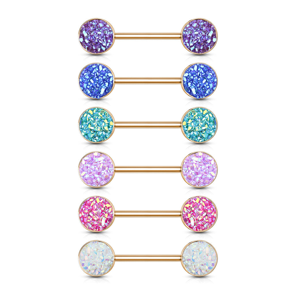PAIR Iridescent Druzy Stone Rose Gold Nipple Rings Barbells Shields