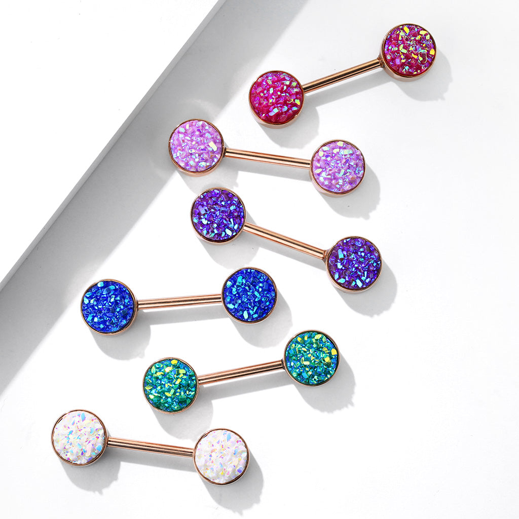 PAIR Iridescent Druzy Stone Rose Gold Nipple Rings Barbells Shields