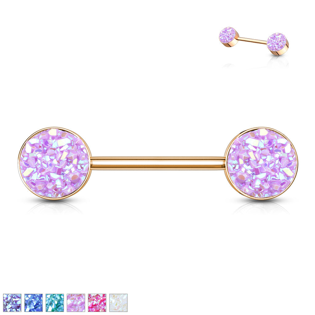 PAIR Iridescent Druzy Stone Rose Gold Nipple Rings Barbells Shields