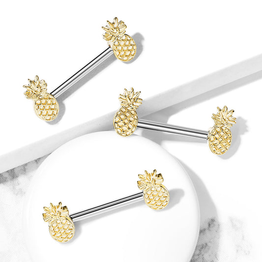 PAIR Gold Pineapple Nipple Rings Surgical Steel Barbells Body Jewelry