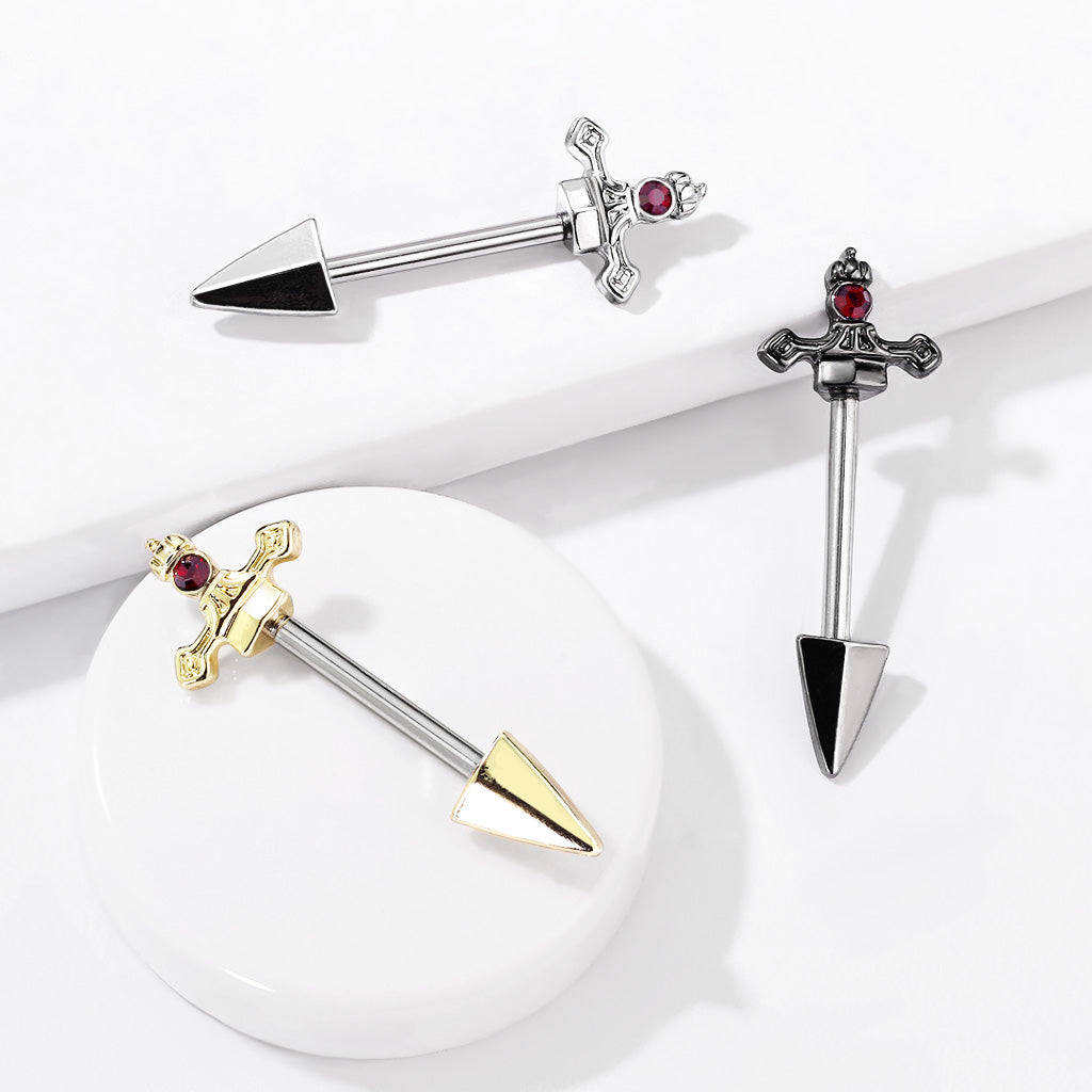 PAIR Red Gem Dagger Nipple Rings Shield Steel Barbells Surgical Steel