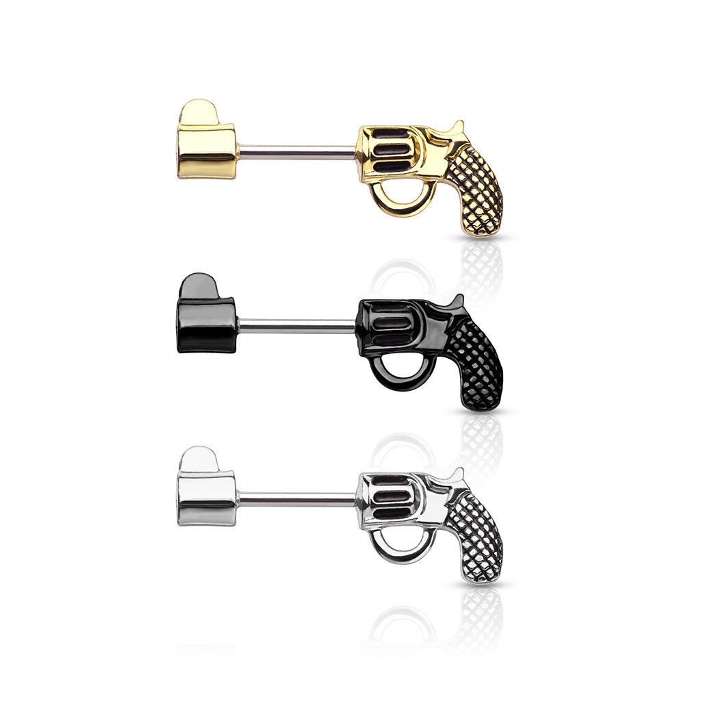 PAIR Revolver Pistol Gun Shaped Nipple Rings Shields Steel Barbells Body Jewelry