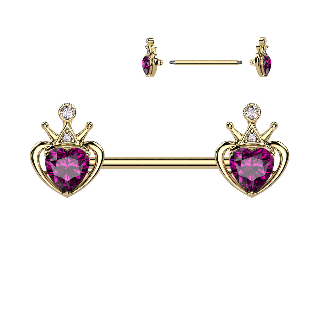 PAIR Gold Crown Fuchsia Heart Nipple Rings Surgical Steel Barbells Body Jewelry