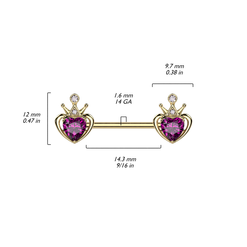 PAIR Gold Crown Fuchsia Heart Nipple Rings Surgical Steel Barbells Body Jewelry