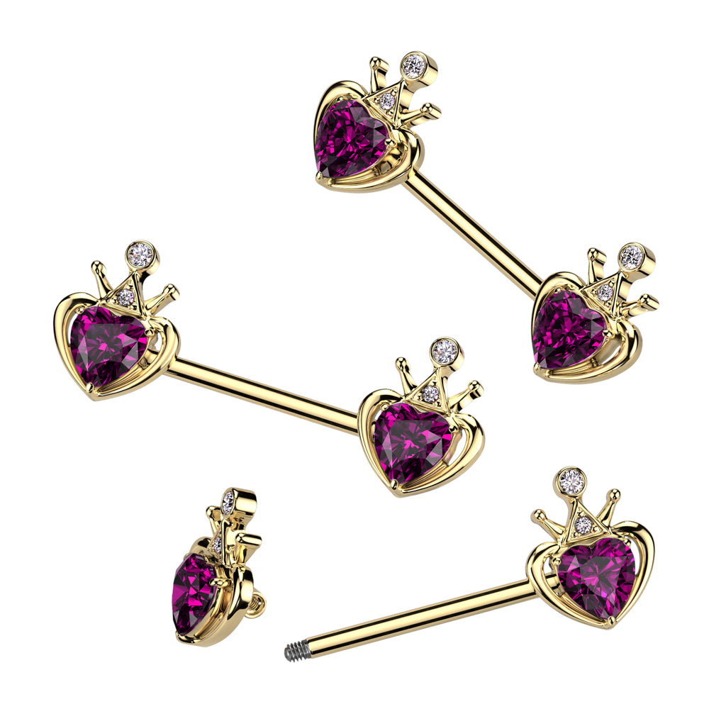 PAIR Gold Crown Fuchsia Heart Nipple Rings Surgical Steel Barbells Body Jewelry