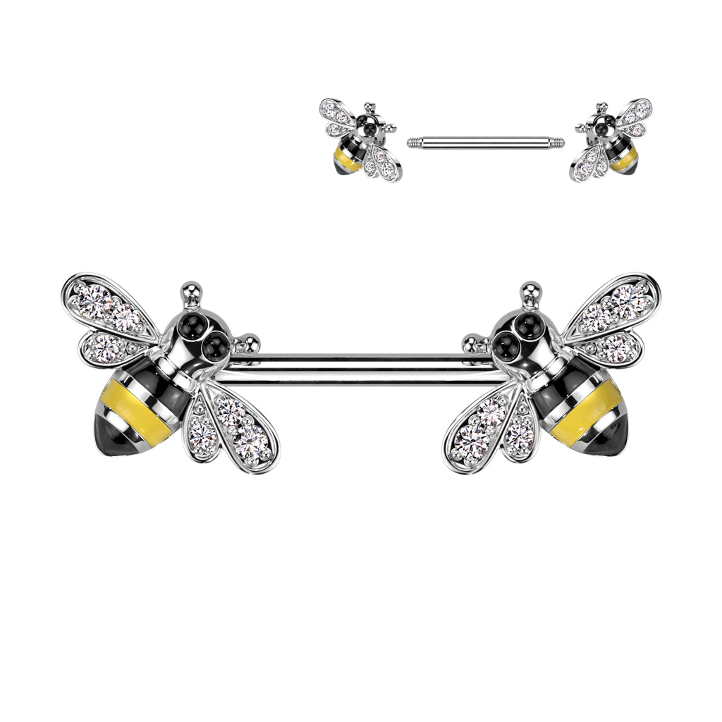 PAIR Bumblebee Nipple Rings CZ Gem Bee Shields Steel Barbells