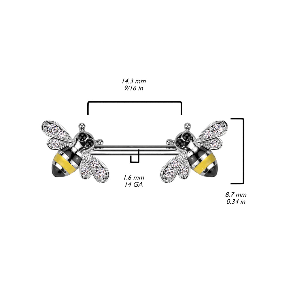 PAIR Bumblebee Nipple Rings CZ Gem Bee Shields Steel Barbells