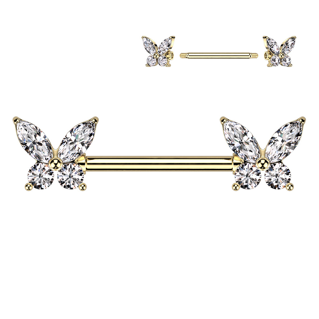 PAIR CZ Gem Wings Butterfly Nipple Rings Shields Steel Barbells