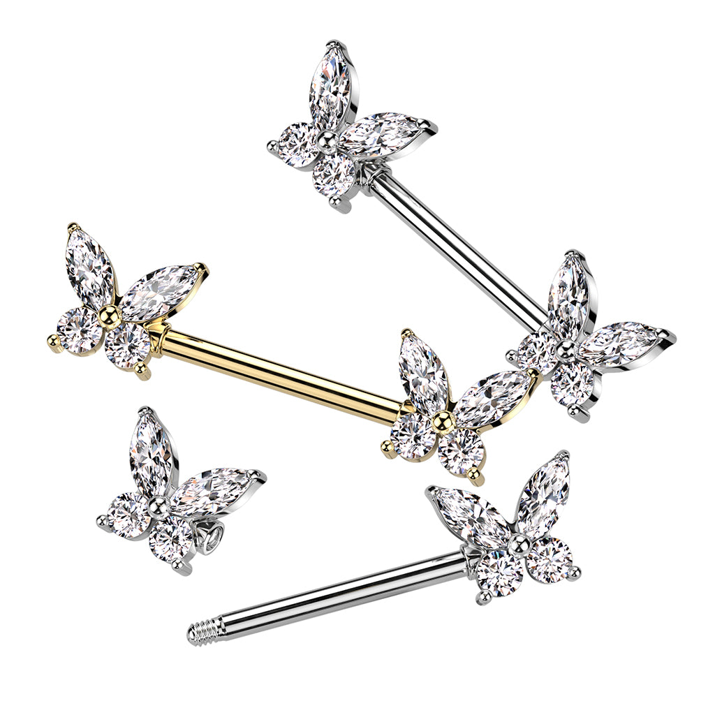 PAIR CZ Gem Wings Butterfly Nipple Rings Shields Steel Barbells