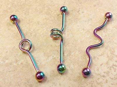 3pcs Corkscrew Rainbow PVD Plated 14g Industrial Barbells