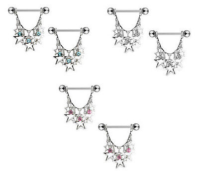 PAIR Falling Stars Gem Nipple Rings Shields