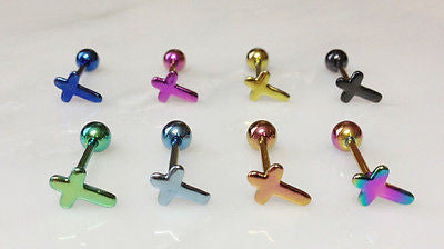 8pcs Titanium Anodized Cross Tongue Rings