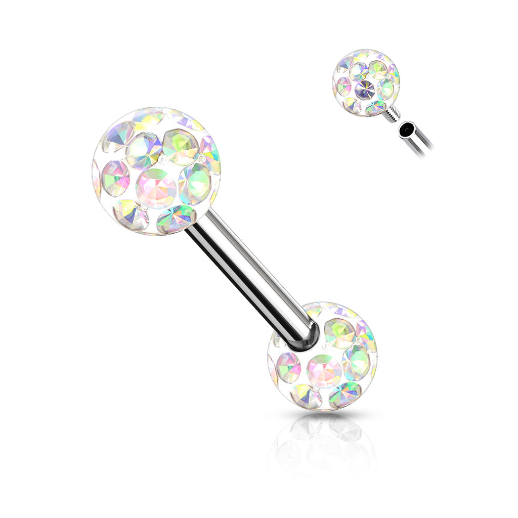 PAIR Epoxy Coated Crystal Paved Balls Nipple Rings Tongue Barbells Int. Threaded