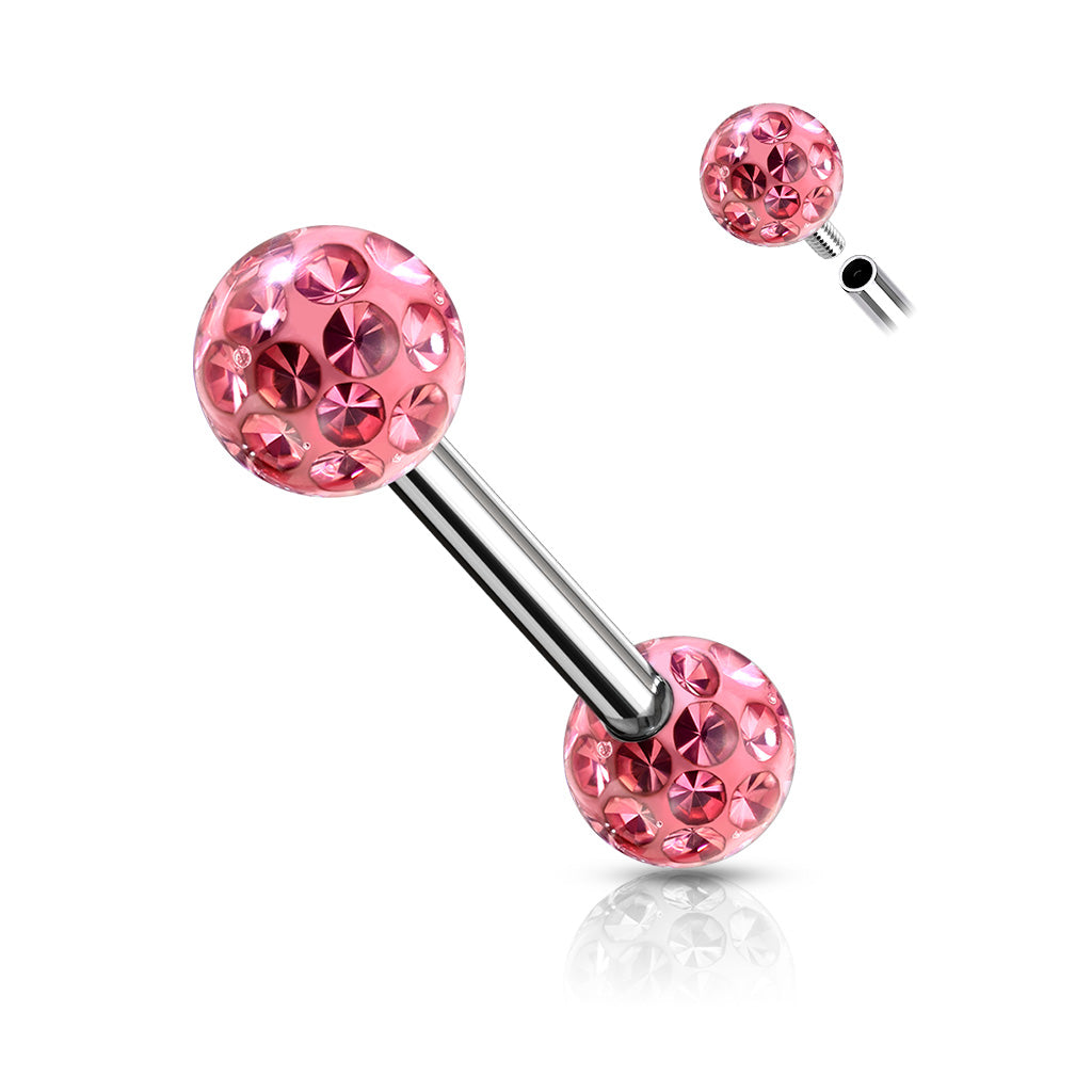 PAIR Epoxy Coated Crystal Paved Balls Nipple Rings Tongue Barbells Int. Threaded