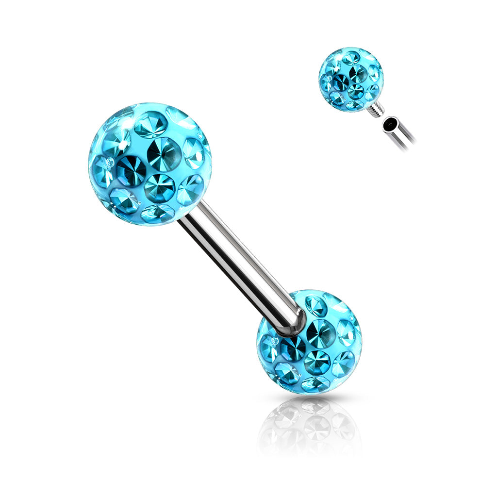 PAIR Epoxy Coated Crystal Paved Balls Nipple Rings Tongue Barbells Int. Threaded
