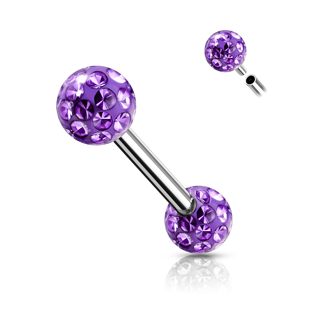 PAIR Epoxy Coated Crystal Paved Balls Nipple Rings Tongue Barbells Int. Threaded