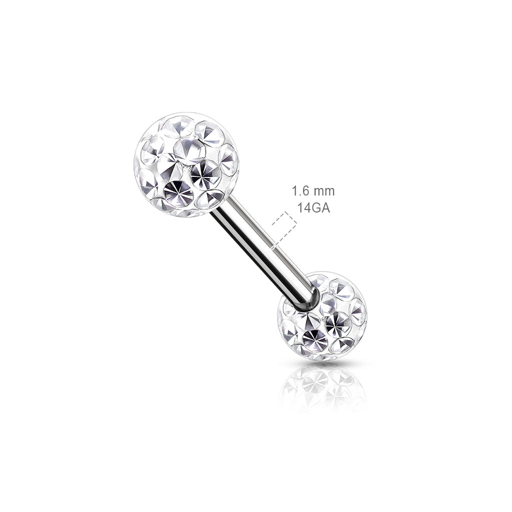 PAIR Epoxy Coated Crystal Paved Balls Nipple Rings Tongue Barbells Int. Threaded