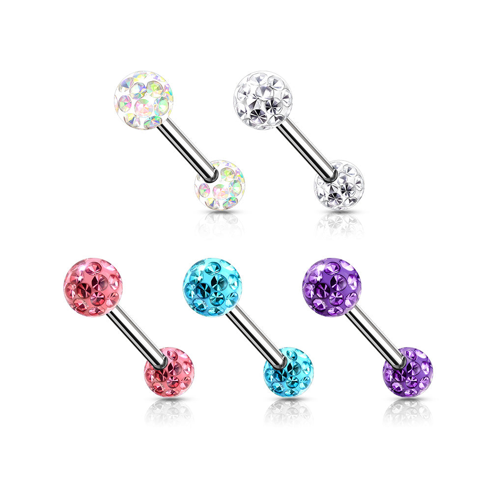 PAIR Epoxy Coated Crystal Paved Balls Nipple Rings Tongue Barbells Int. Threaded