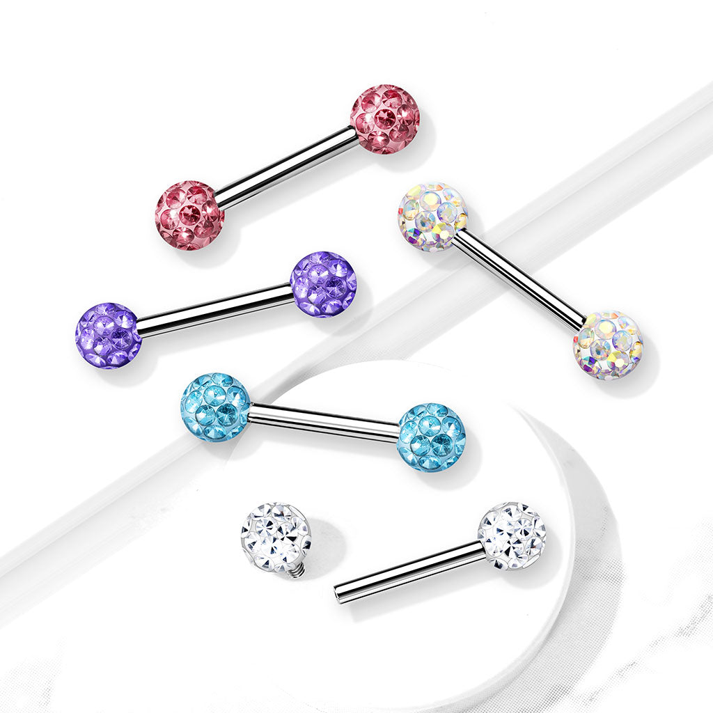 PAIR Epoxy Coated Crystal Paved Balls Nipple Rings Tongue Barbells Int. Threaded