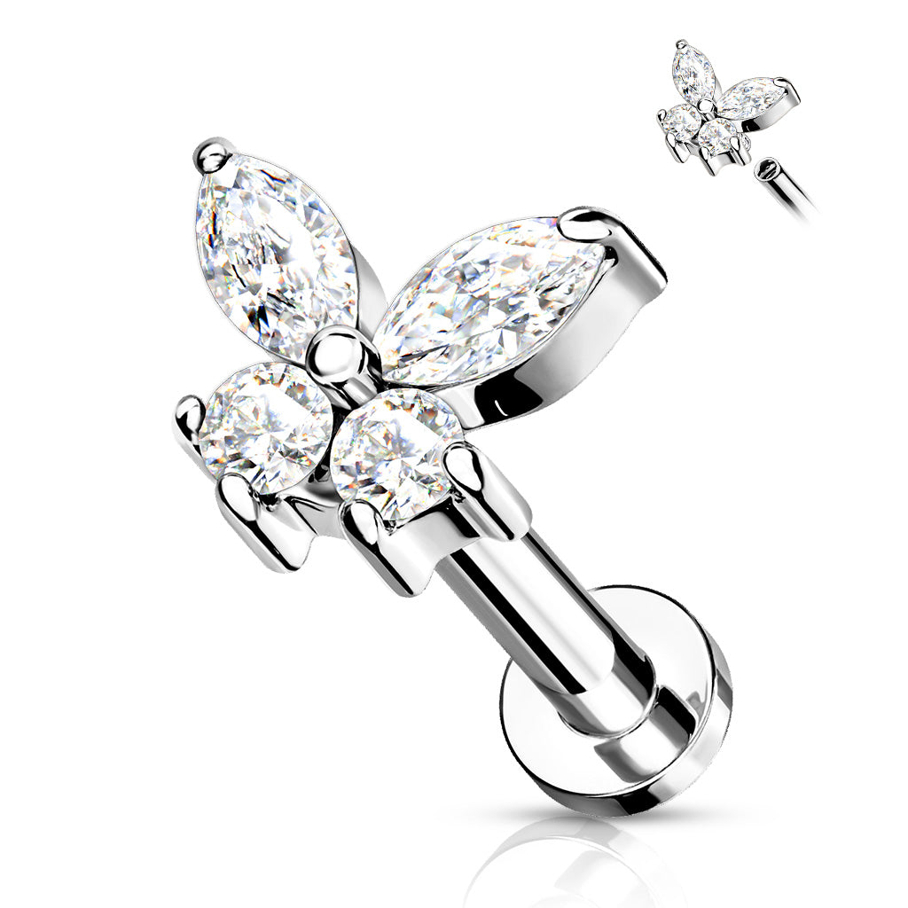 1pc CZ Gem Butterfly 16g Labret Internally Threaded Steel Tragus Helix