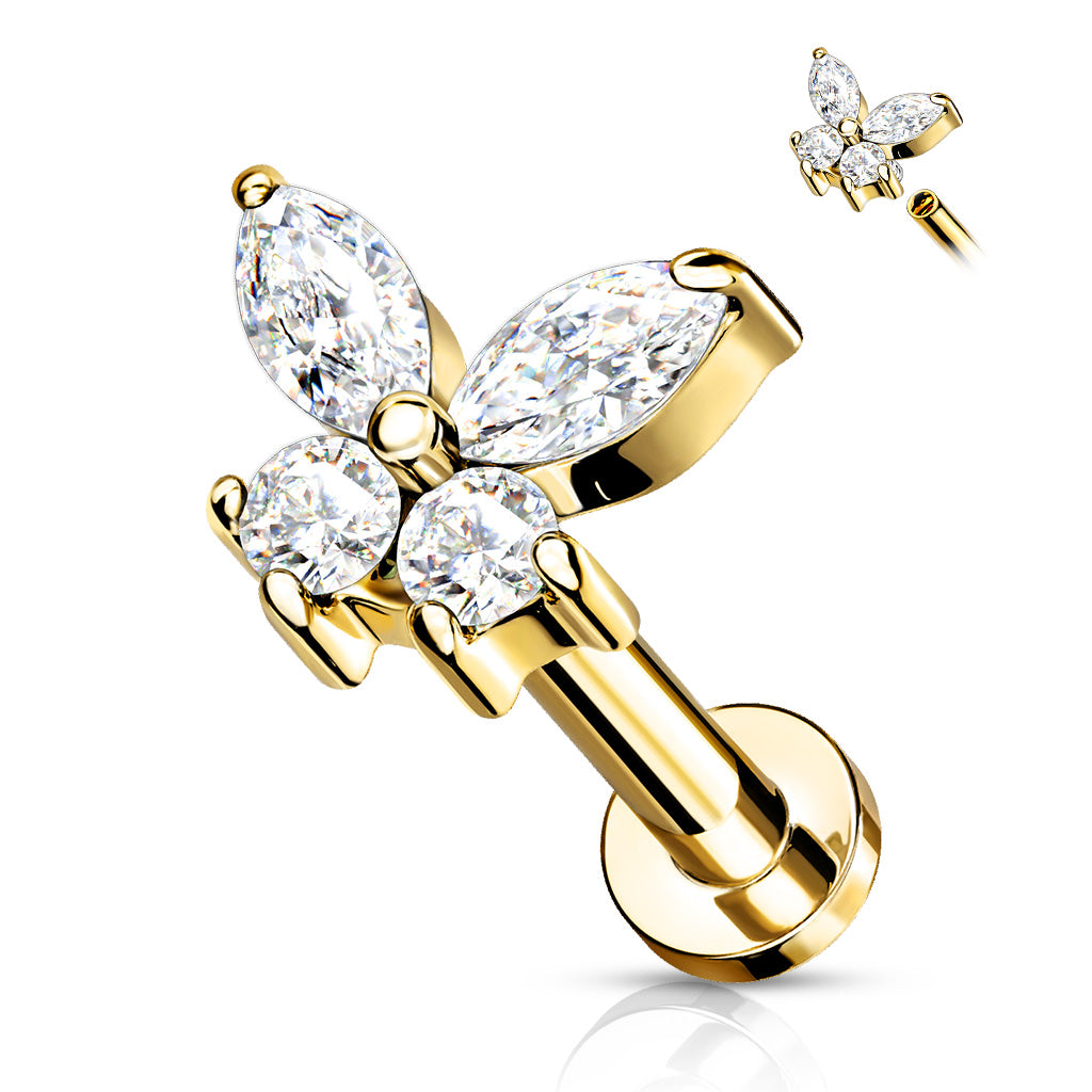 1pc CZ Gem Butterfly 16g Labret Internally Threaded Steel Tragus Helix