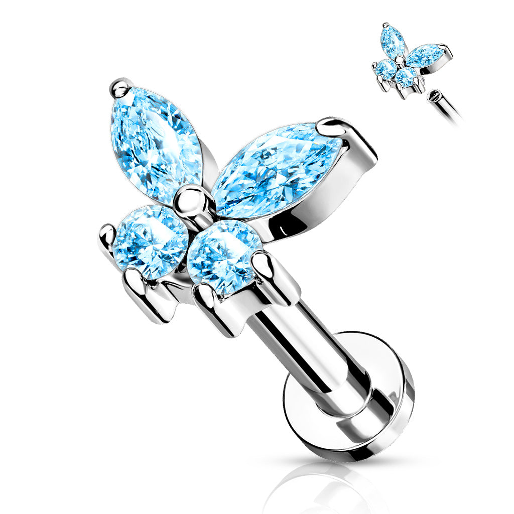 1pc CZ Gem Butterfly 16g Labret Internally Threaded Steel Tragus Helix